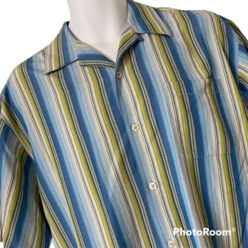 Tommy Bahama Men's Shirt Medium Silk Blue Green Stripe  Short Sleeve